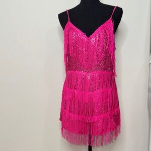 Pink Fringe Holiday Dance Party Jumpsuit Romper L